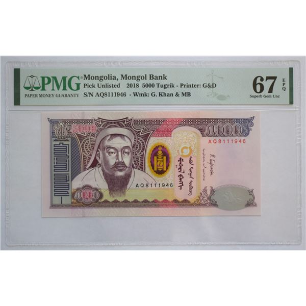 Mongolia, 5000 Tugrik 2018, Unlisted, Superb Gem UNC-67 "EPQ" PMG Certified
