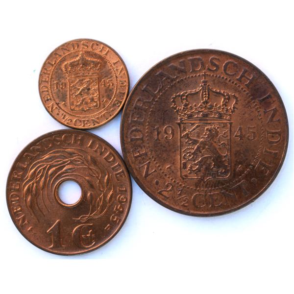 Netherlands East Indies, ½ C 1945P, 1C 1945D and 2½ C 1945P Bronze, All Mint State Red / Red-Brown (