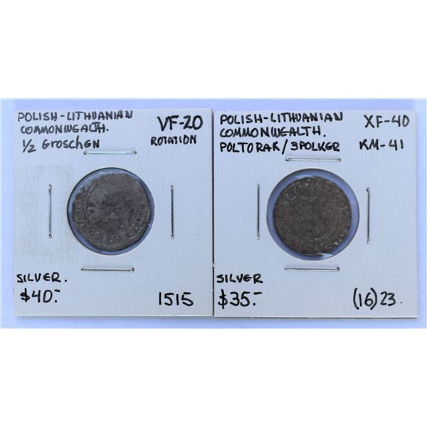 Poland, (Lithuanian Commonwealh) ½ Groschen 1515 & 1 Poltorak 16(23) Silver VF-XF