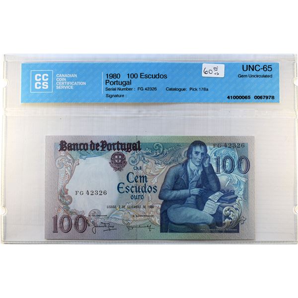 Portugal, 100 Escudos 1980 Pick 178a in Gem UNC-65 Certified CCCS