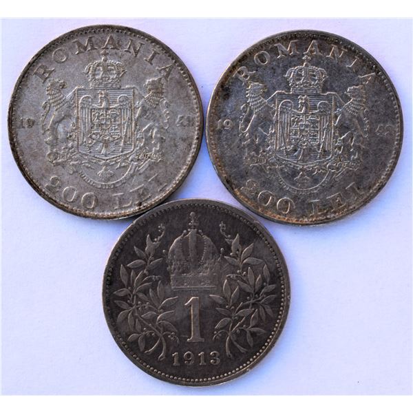 Romania (2) and Austria coin Trio, 200 Lei x 2 1942 and 1 Corona 1913 All Silver XF Average a 200 Le