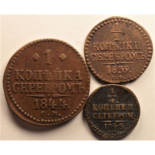 Russia, Polushka (¼ Kopek) 1845CM, ½ Kopek 1939CM (Key Date) and 1 Kopek 1844CM All Cooper Grades Ch