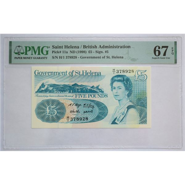 Saint Helena, British Adm. £5 ND (1998) QEII Pick #11a Superb Gem UNC-67 "EPQ", Better grade