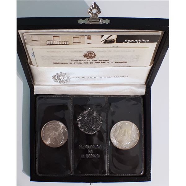 San Marino, 1972 Silver Set Mint Sealed "100th Garibaldi's 1882-1982" 500 & 1000 Liras in Original P