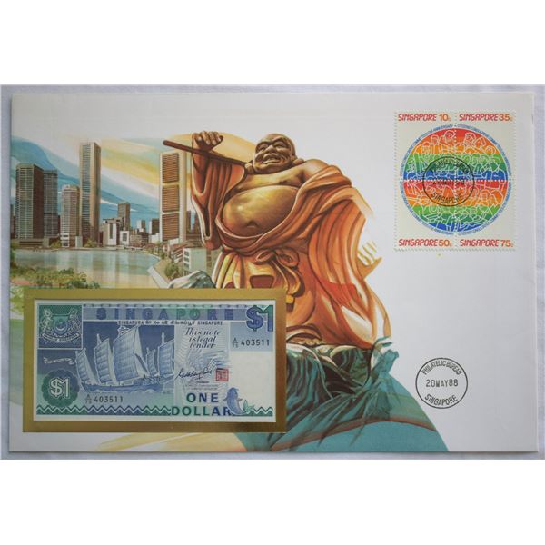 Singapore, $1 ND (1987) First Day Cover Swiss Issued, Pick# 18a Vignette "Buda & City Shore" w/ Bloc