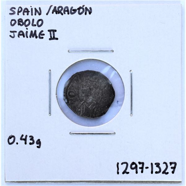 Spain, 1 Obolo Jaime II Aragon 1297-1327 Silver Ch-VF-XF