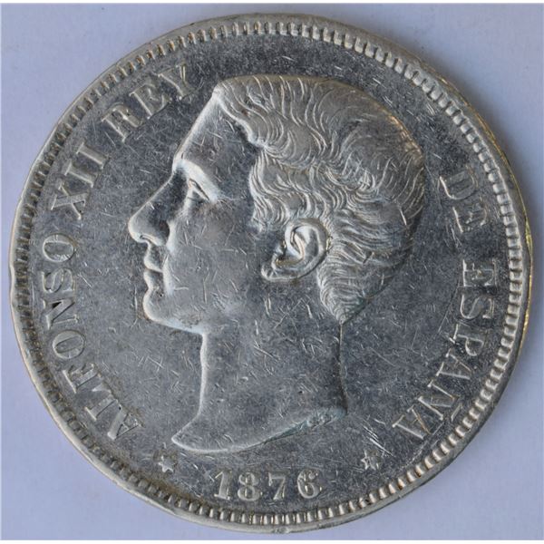 Spain, 5 Pesetas 1876 ☆(76) DE-M Alfonso XII KM #671 25g Silver XF-AU