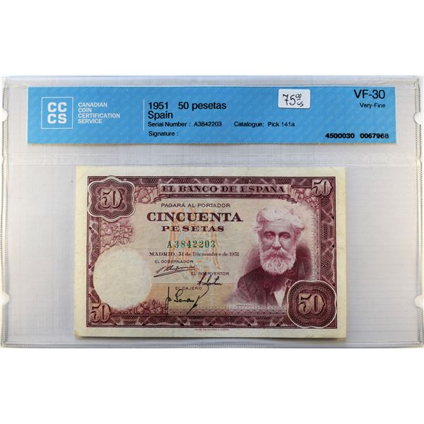 Spain, 50 Pesetas 1951 "Rusiñol" Pick 141a VF-30 Certified CCCS