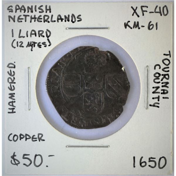 Spanish Netherland, 1 Liard (12 Mites) 1650 Issued Copper Coin KM #61