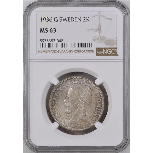 Sweden, 2 Kronor 1936-G, KM# 786.2 SILVER MS-63 NGC Certified, Nice addition Piece