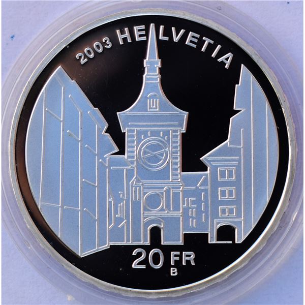 Switzerland, 20 Francs 2003B "Bern, Old Town" KM #106 20g Silver Proof Ultra heavy Cameo Lettered Ed