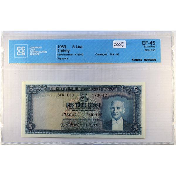 Turkey, 5 Lira 1930 (1959) Pick 155 XF-45 Certified CCCS
