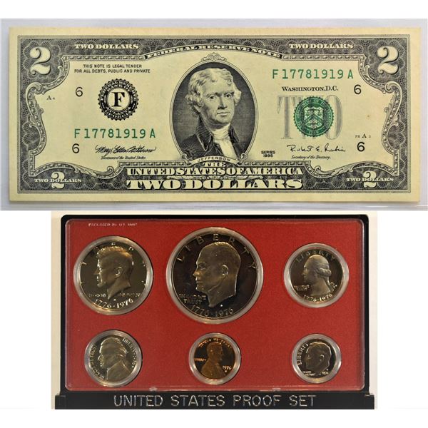 USA, "1776-1976 Bicentennial PROOF Set" in Original Packing + $2 1976 Note UNC as Bonus