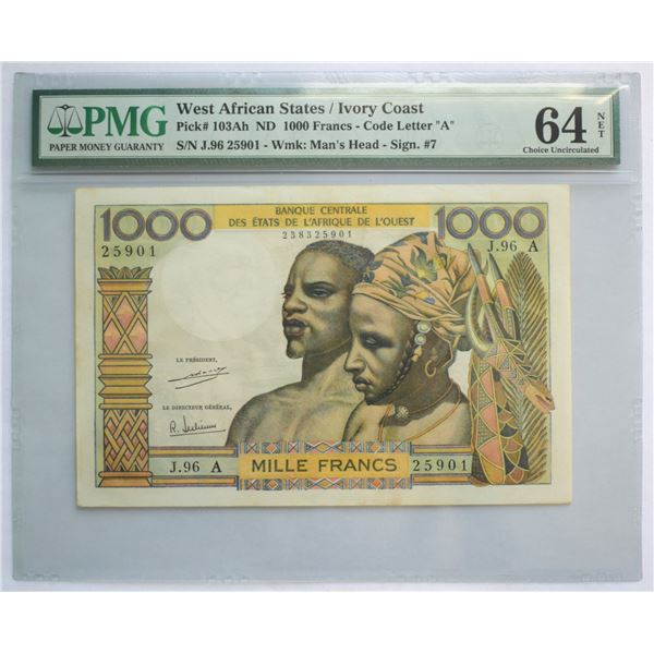 West African States / Ivory Coast Letter A, 1000 Francs ND circa 1968 Pick #103Ah Sign. #7 Choice UN