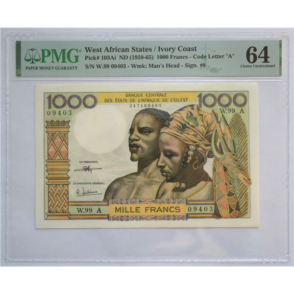 West African States / Ivory Coast Letter A, 1000 Francs ND circa 1969 Pick #103Ai Sign. #8 Choice UN