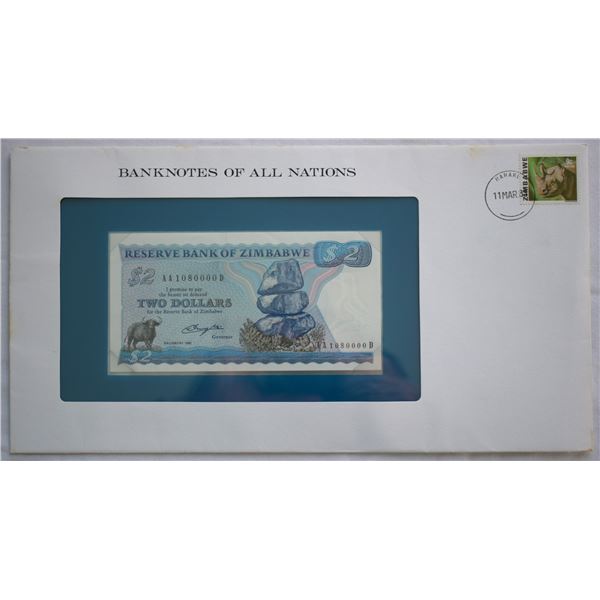 Zimbabwe, $2 1980 Fist Day Cover "Banknotes of all Nations Series" Watermark tupe A Short neck, 1st 