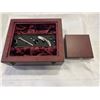 Image 1 : 2 BOTTLE WINE HOLDER INCLUDING CORKSCREW, POURER, THERMOMETER, AND DRIP RING WITH NEW FLASK SET - ST