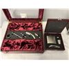Image 2 : 2 BOTTLE WINE HOLDER INCLUDING CORKSCREW, POURER, THERMOMETER, AND DRIP RING WITH NEW FLASK SET - ST