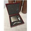 Image 2 : 3 LEATHER WINE TOTES INCLUDING STAINLESS STEEL CORKSCREW, STAINLESS STEEL POURER AND LEAK PROOF DRIP
