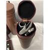 Image 3 : 3 LEATHER WINE TOTES INCLUDING STAINLESS STEEL CORKSCREW, STAINLESS STEEL POURER AND LEAK PROOF DRIP