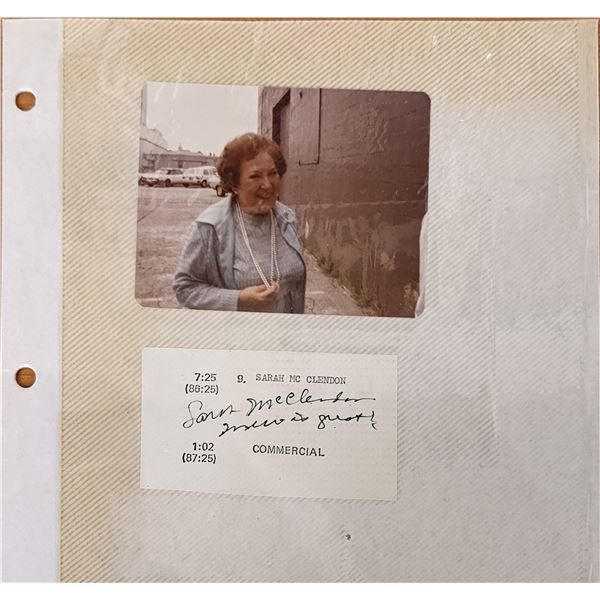 Sarah McClendon Photo album page. Signature and photo from backstage at The Merv Griffin show. 1980'
