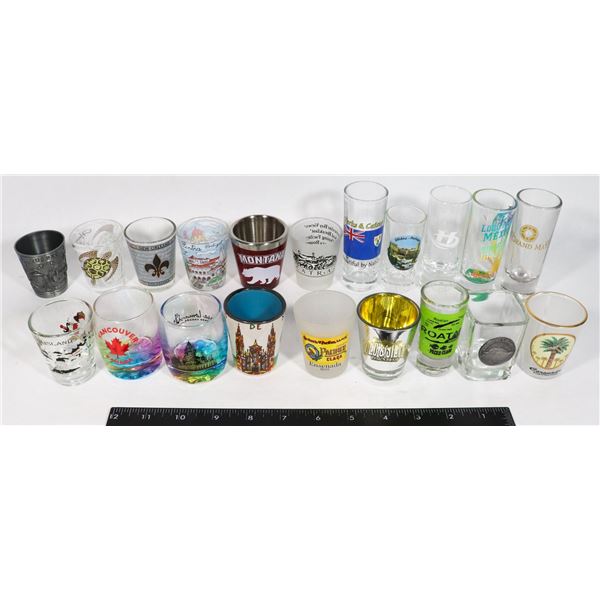 GROUPING OF 20 SHOT GLASSES VARIOUS THEMES/PLACES