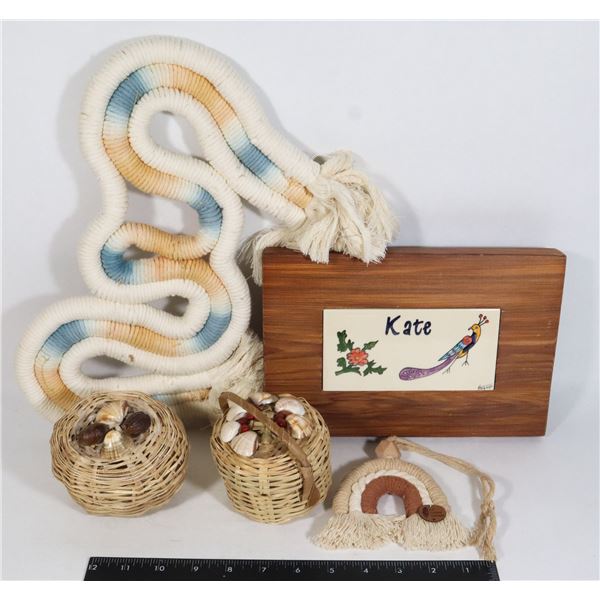 SMALL BOX OF HAND CRAFTED DECORATIVE ITEMS,