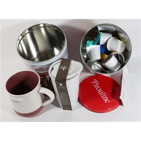 TIN OF COFFEE MUGS + TIN OF COFFEE PODS