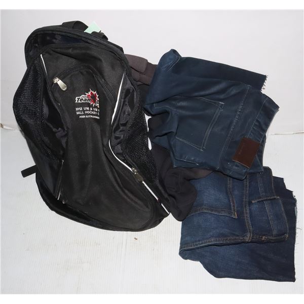 BUNDLE OF ASSORTED CLOTHING IN BACKPACK