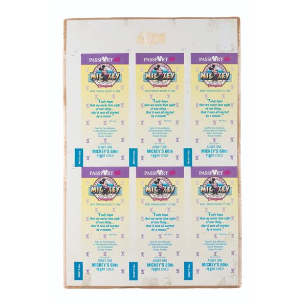 An Uncut Sheet of Mickey's 60th Birthday Child Tickets.
