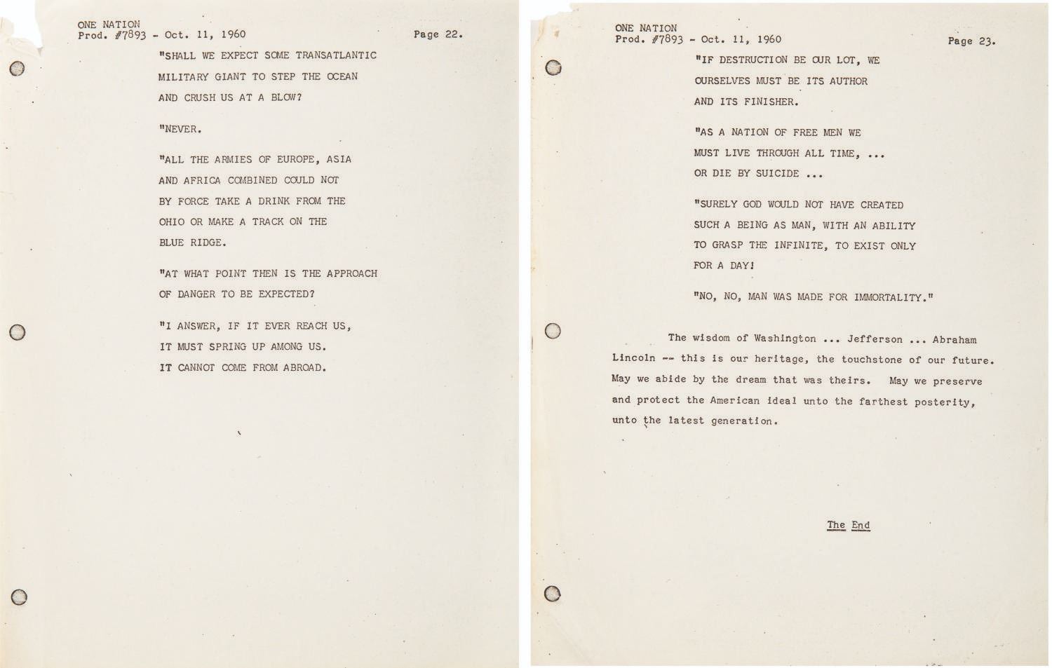 A Pair of Early Disneyland “One Nation” Script Pages.
