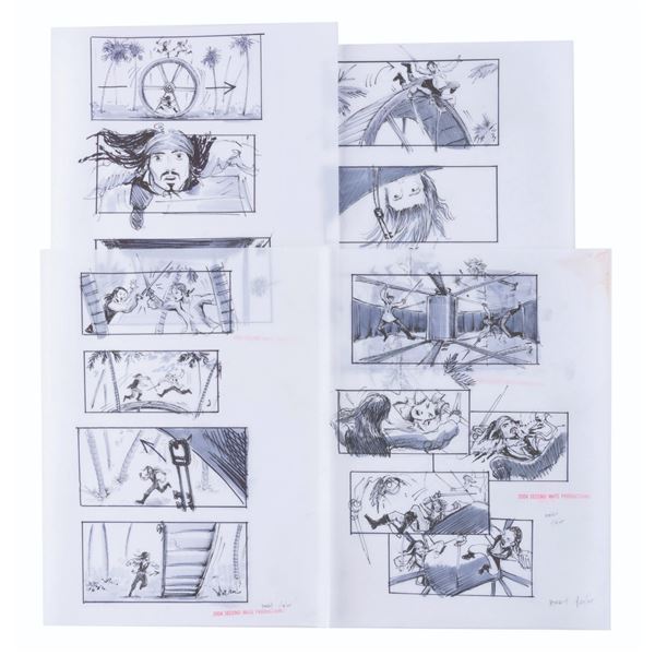 Four Pages of "Dead Man's Chest" Runaway Wheel Fight Storyboards.