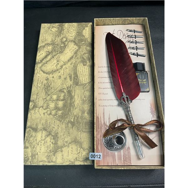 1 Feather Calligraphy Pen + Ink Writing Set - New