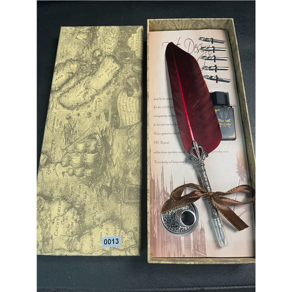 1 Feather Calligraphy Pen + Ink Writing Set - New