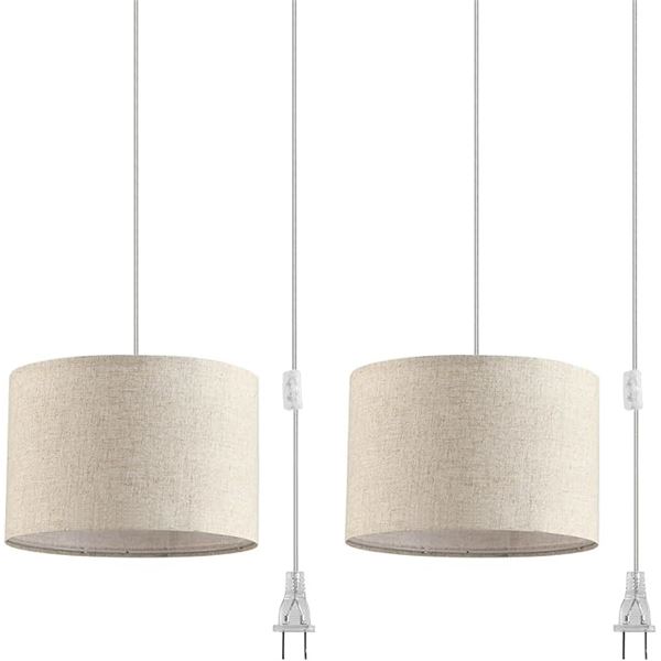2-Pack Plug-In Pendant Lights with 15ft Clear Cords - Beige Linen Lamp Shades - New in Box!