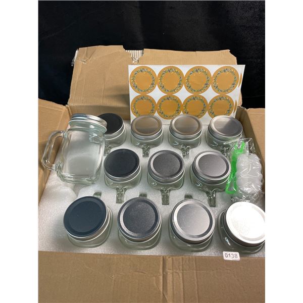 Box of 12 Mason Glass Jars/Drinking Glasses with Handles & Lids - 8oz - Brand New