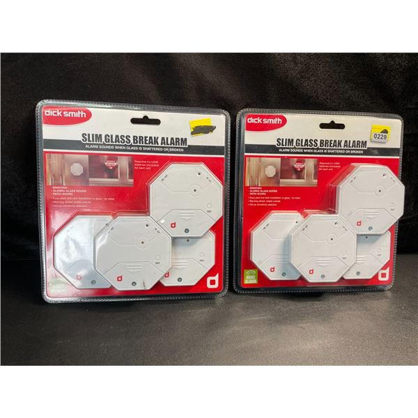 2 Packs of DickSmith Slim Glass Break Alarms - For Windows/Sliding Doors/Patio Doors - 4 Each - New