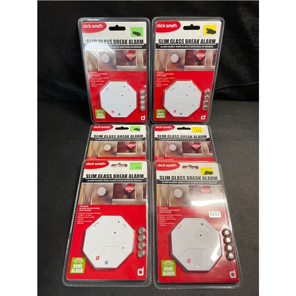 6 Packs of DickSmith Slim Glass Break Alarms - For Windows/Sliding Doors/Patio Doors (1pc) - New
