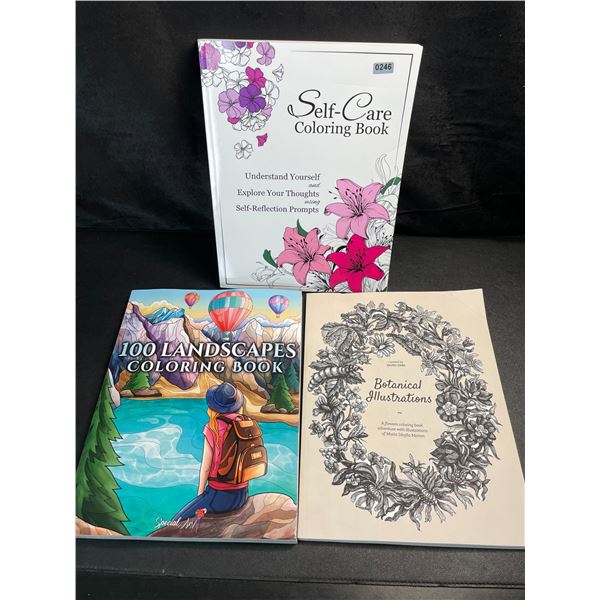 3 Assorted Adult Coloring Books - Self-Care, Botanical Illustrations, & Landscapes - Brand New!