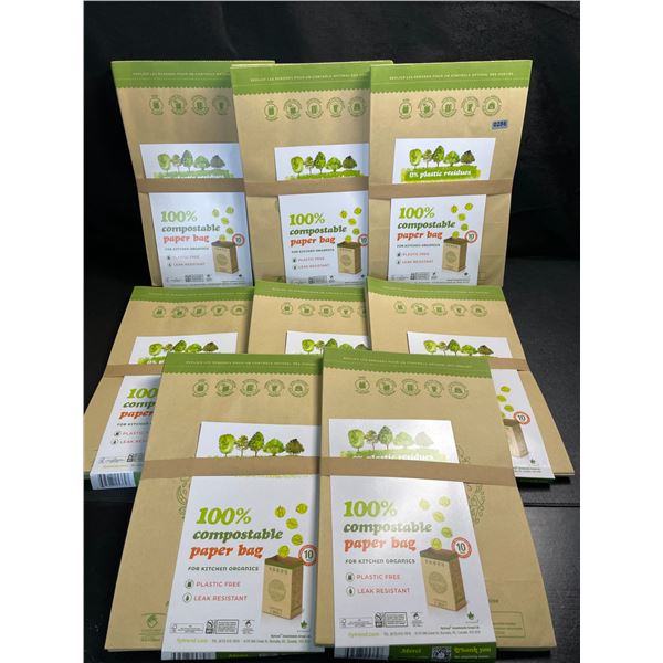 8 Packs of 100% Compostable Paper Bags for Kitchen Organics - 10 Each/80 Total - New