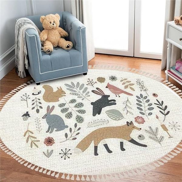 1 Round Boho Area Rug/Carpet for Bedrooms/Nurseries - 3FT Size - Cute Animal/Forest Design - New