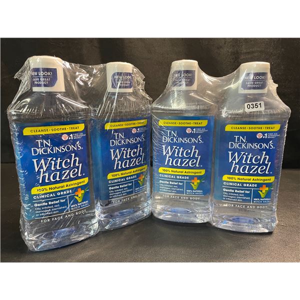 4 Bottles of T.N. Dickinsons Witch Hazel - 100% Natural Astringent Clinical Grade for Face/Body-16oz