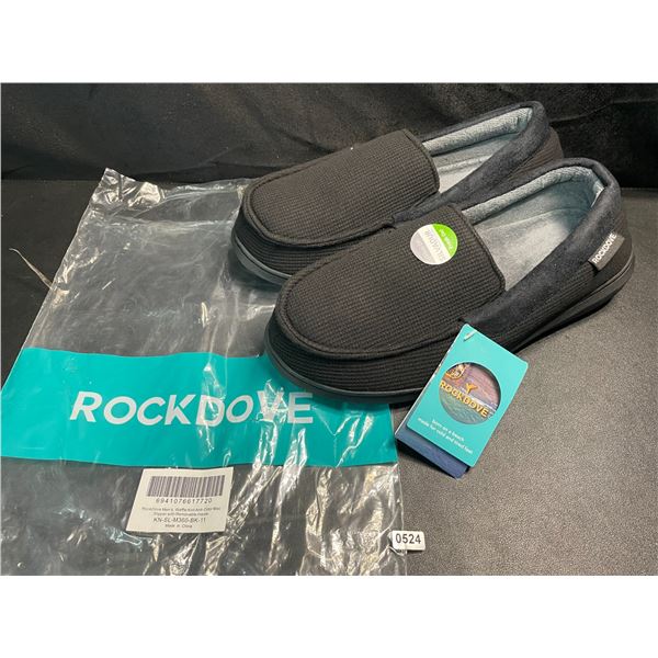 1 Pair of Men's Rock Dove Waffle Knit Anti-Odor Moc Slipper w/ Grip Bottom - New - Size 11 (Black)