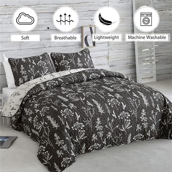 1 Floral Quilt Set - Queen Size - Reversible Grey/White Botanical Design; 1 Quilt & 2 Pillowcases