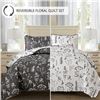 Image 2 : 1 Floral Quilt Set - Queen Size - Reversible Grey/White Botanical Design; 1 Quilt & 2 Pillowcases