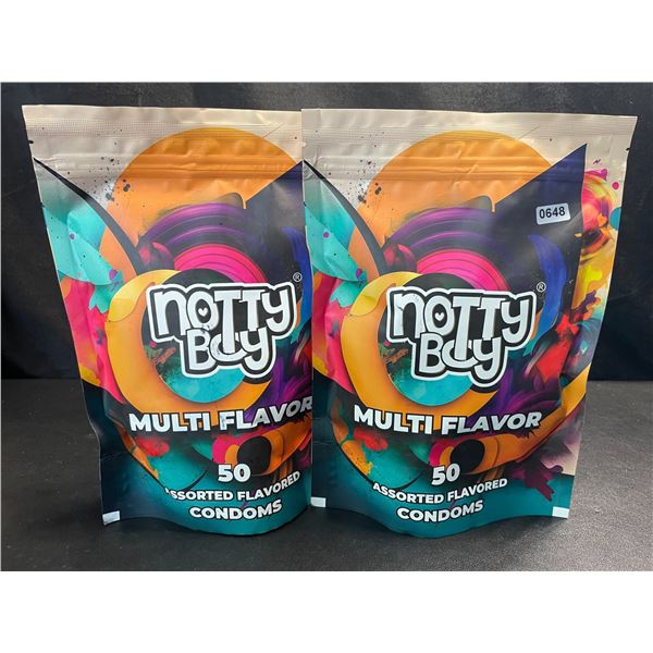 2 Packs of NottyBoy Assorted Multi-Flavor Condoms - 50 Per Pack; New Sealed (Exp: 12/2026)