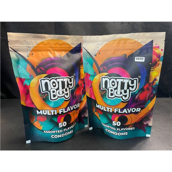 2 Packs of NottyBoy Assorted Multi-Flavor Condoms - 50 Per Pack; New Sealed (Exp: 12/2026)