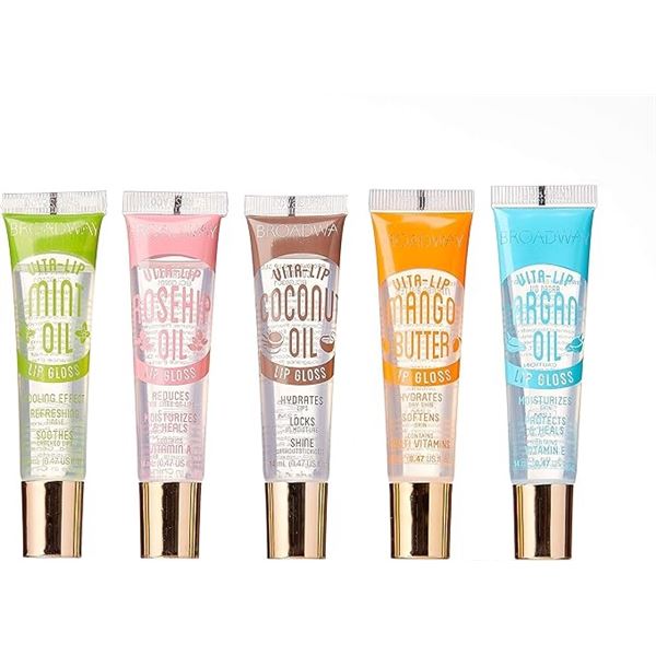 4 Packs of Broadway Vita-Lip Clear Lip Gloss (5PCS; Mint, Coconut, Rosehip, Mango Butter, Argan Oil)
