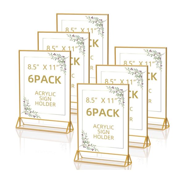 Single Box of 6 Gold Frame Acrylic Sign Holders - New