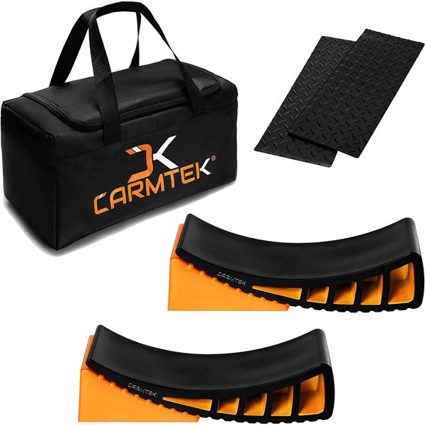1 Carmtek Camper Leveler Premium Kit - Curved RV Levelers w/ Camper Wheel Chocks/Mats/Bag - NEW